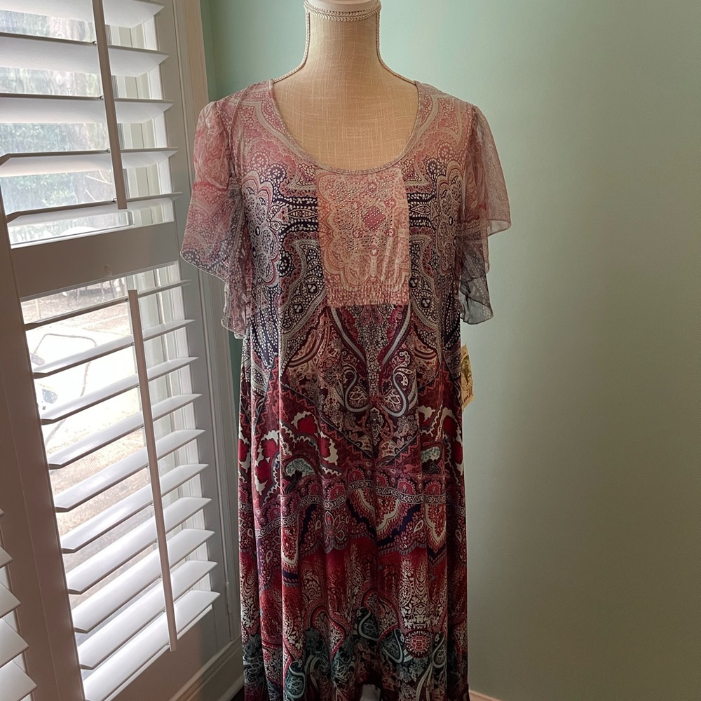 ONE WORLD Red and Pink Midi Dress